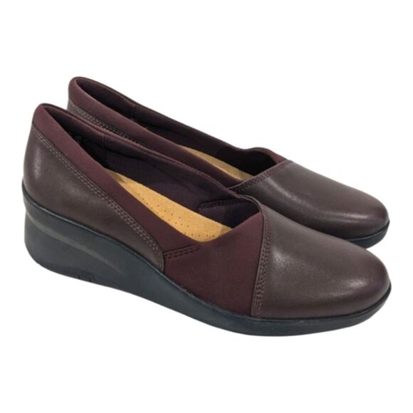 NWOT Clarks Collection Suttyn Walk Wine Leather Wedge Slip On Loafers Shoes 7M - Picture 1 of 11